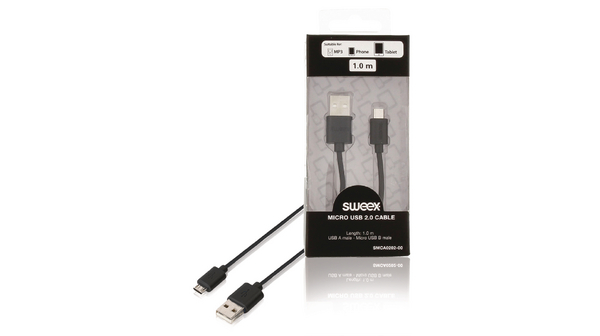 Image of Micro USB 2.0 cable USB A male - Micro USB B male 1.00 m black - Sweex